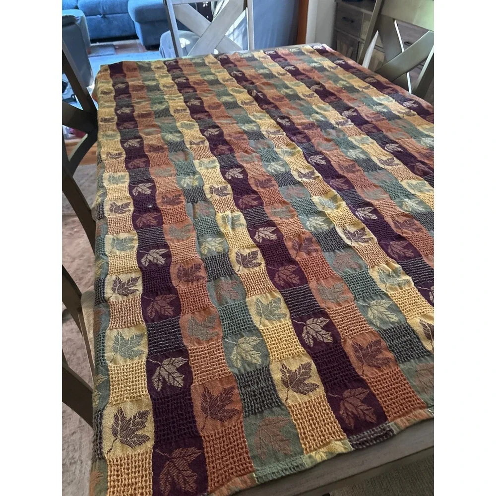 Autumn Leaf Patchwork Woven Jacquard Tablecloth 48x58 8 Napkins Set Earth Tones